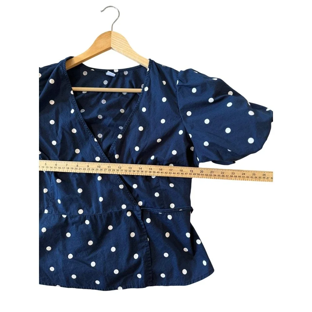 Old Navy Womens Navy Blue Polka Dot Puff Sleeve Wrap Peplum Blouse Top Size‎ L